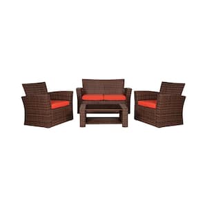 Hudson 4-Piece Brown Wicker Outdoor Patio Loveseat and Armchair Conversation Set with Orange Cushions and Coffee Table