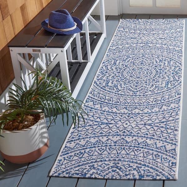Courtyard Ivory/Navy 2 ft. x 8 ft. Runner Medallion Indoor/Outdoor Area Rug