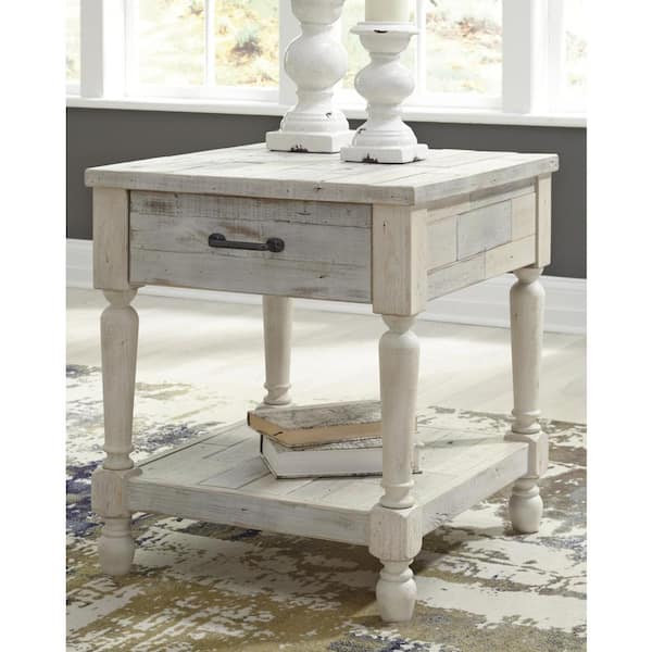 Signature DESIGN BY ASHLEY Shawnalore 22 in. White Rectangle Wood End Table with Drawer and Lower Shelf