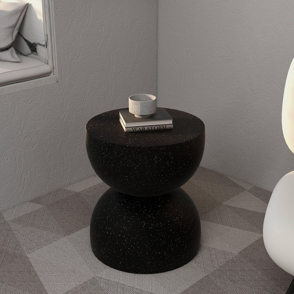 Minimalist Side Table in Fiber stone Hourglass Accent Table Patio End Table Stool Sage Series in Black