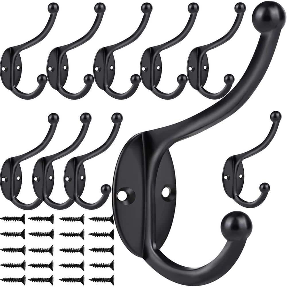 Set of 10 Double Robe and Towel Hooks in Painted Black Zinc, Wall Mounted for Coats, Bags and Keys with Screws price history on PriceWatchPro