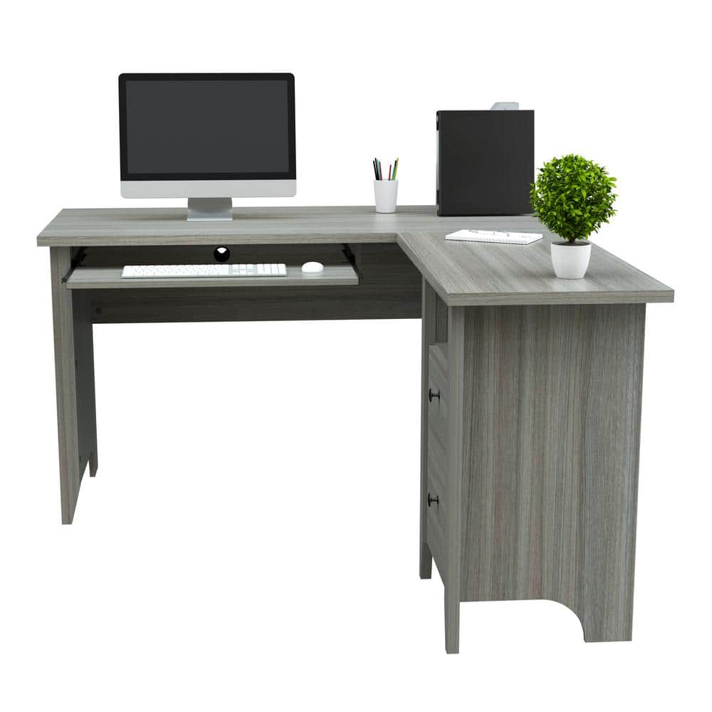 Luxe Gray Smoke Oak L-Shaped Computer Desk with Storage