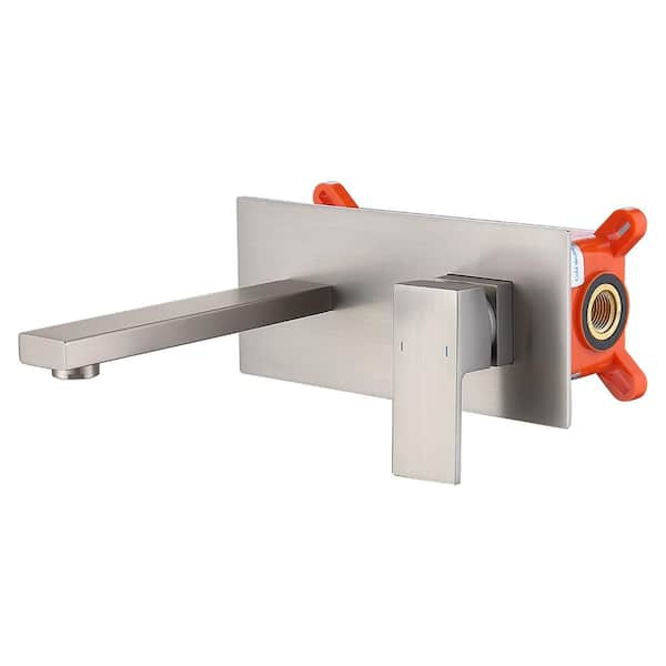 Single Handle Wall Mount Faucet for Bathroom Sink or Bathtub with Plate in Brushed Nickel Brass Rough-in Valve Included