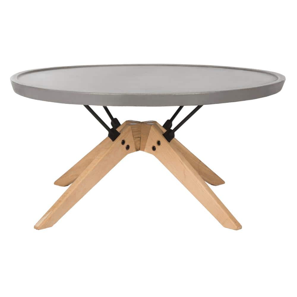 Transitional Oak Finish 30" Dark Grey Concrete Round Coffee Table