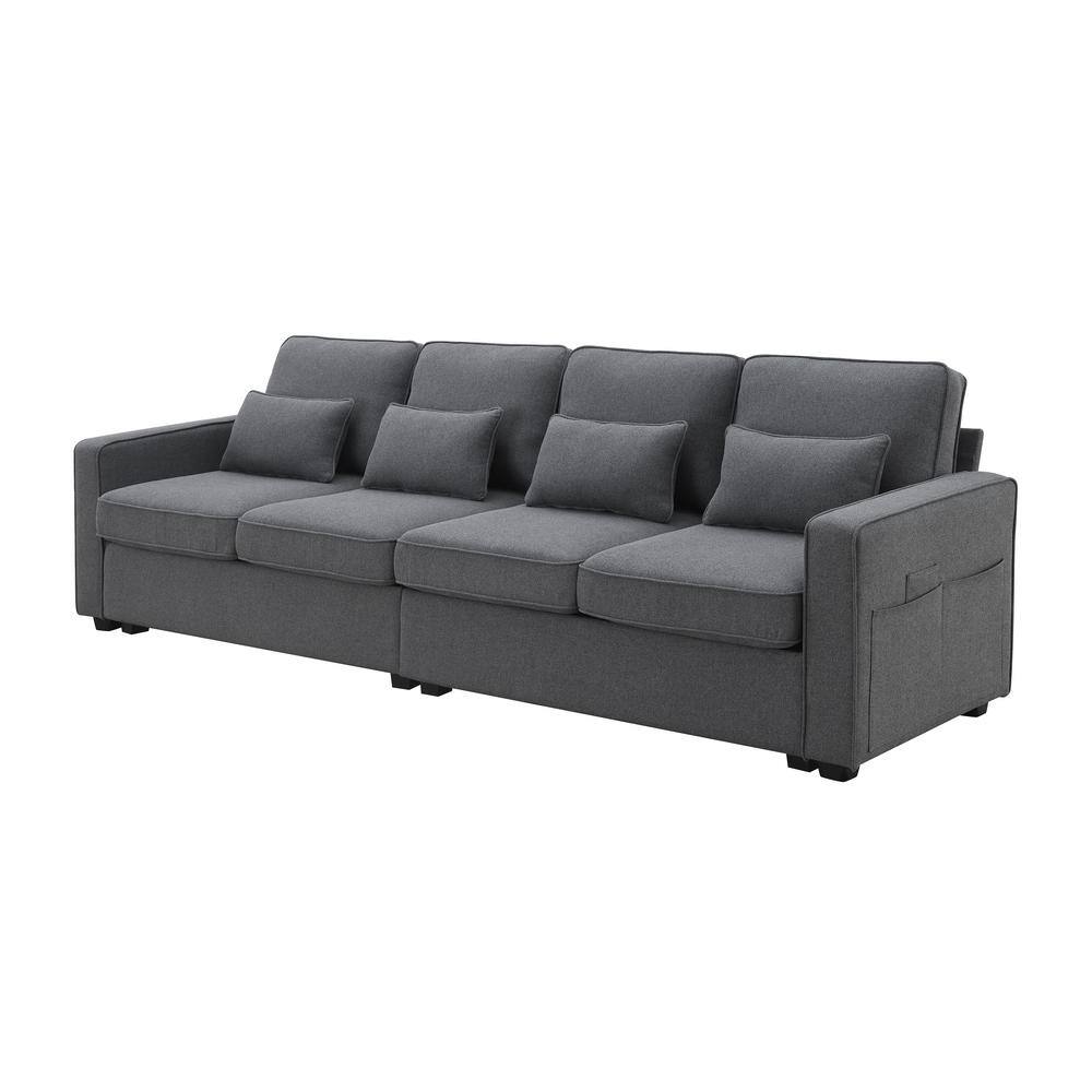 104.00 in. Polyester Rectangle Sectional Sofa in. Dark Gray with Armrest Pockets and 4 Pillows