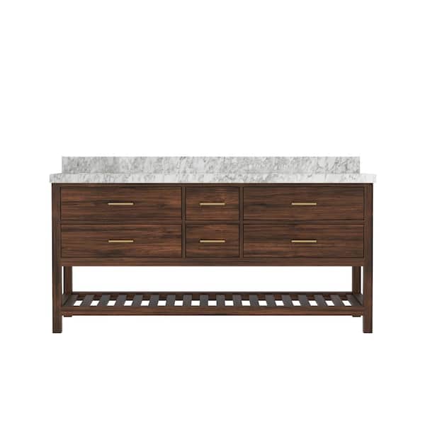 Willow Collections Parket Teak 72 in. W x 22 in. D x 36 in. H Double Sink Bath Vanity in Dark Walnut with Carrara Marble Top