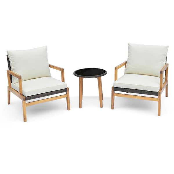 Costway 3-Piece Outdoor Furniture Set Patio Conversation Set with Off White Cushioned Chairs and Tempered Glass Side Table