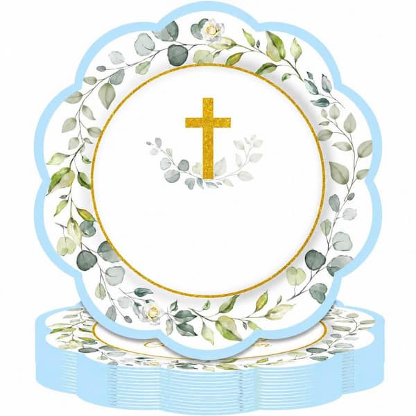 Blue 9 in. First Communion Dinner Plates 50 Pack Floral Eucalyptus Cross Design - Salad and Dessert Plates