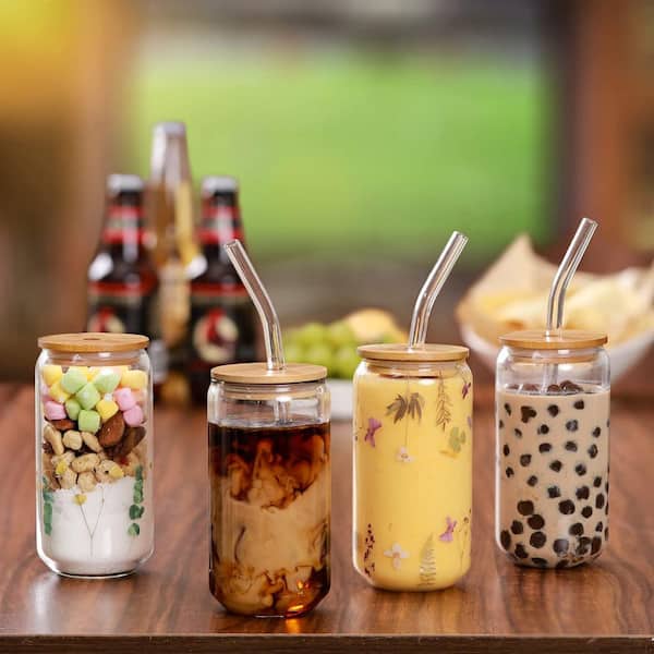 Wudkey 2-Pack 16 oz. Glass Cups with Bamboo Lids and Straws, Drinking Glasses Set, Iced Coffee, Tea Cup
