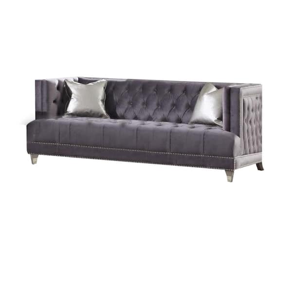 Benjara 36 in. Gray Solid Fabric 2-Seater Loveseat with Button Tufting and Casters