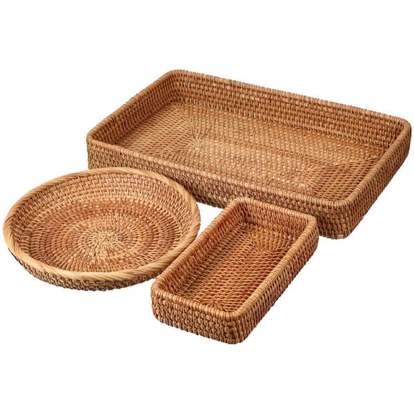 Natural Brown Imitation Rattan Serving Tray and Basket Set for Coffee Table, Breakfast, Snack, Drink (3-Piece Set)