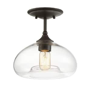 Meridian 10.75 in. W x 10.5 in. H 1-Light Oil Rubbed Bronze Semi-Flush Mount Ceiling Light with Clear Glass Shade