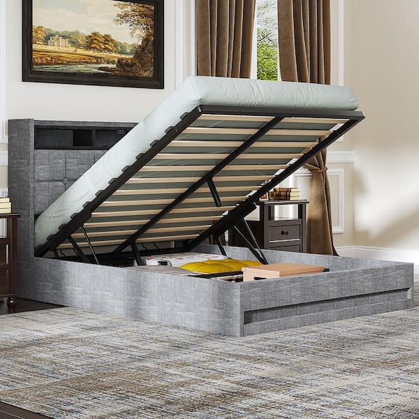 Upholstered Storage Bed Gray Metal Frame Queen Platform Bed with Lighted Headboard, USB Ports and Shelves