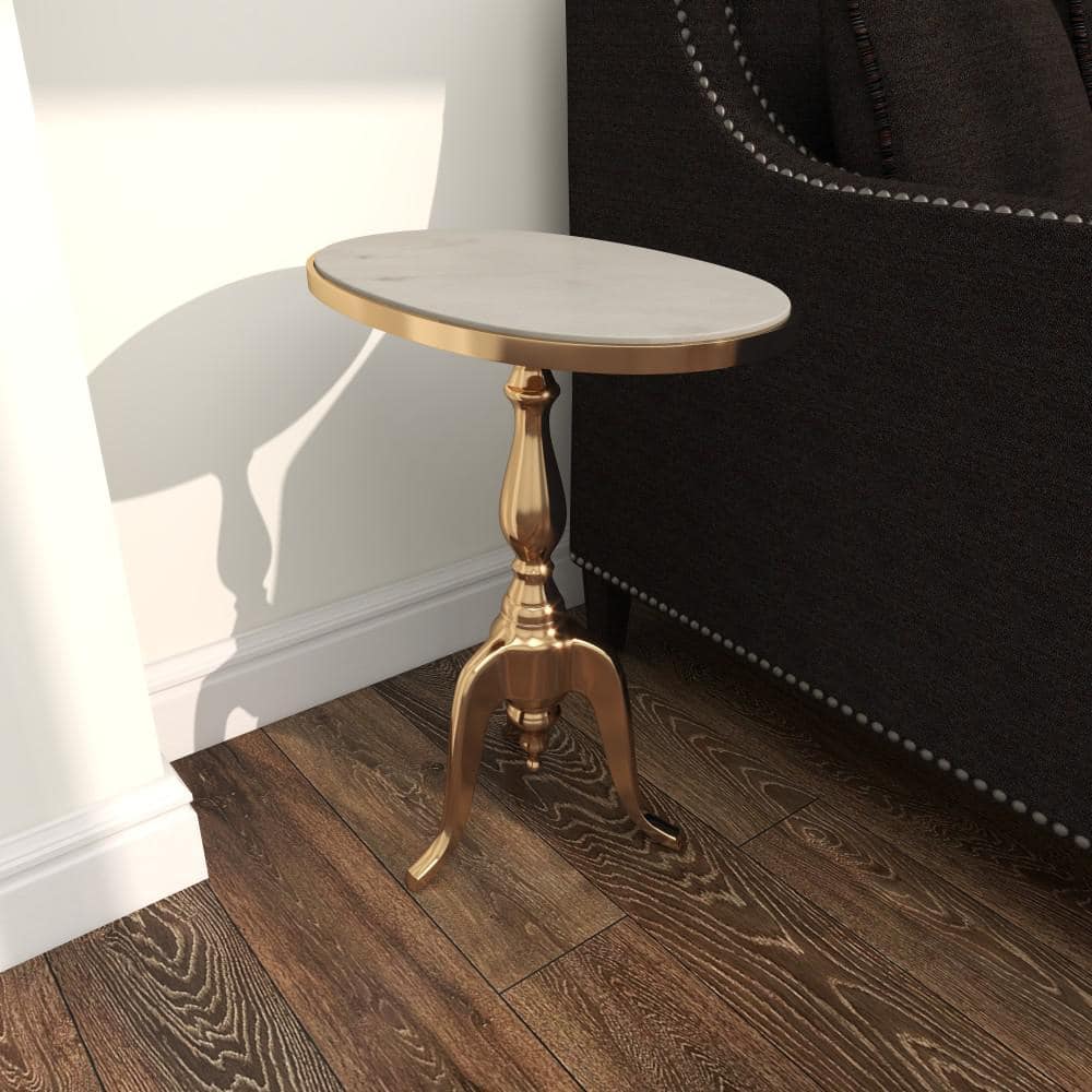 Elegant Round Gray Stone Top End Table with Gold Metal Base