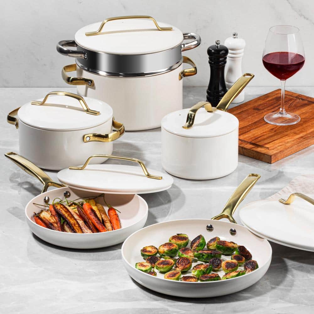 Cream and Gold 11-Piece Nonstick Aluminum Cookware Set