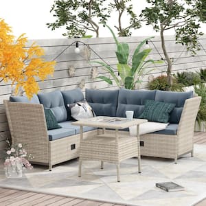 Natural 4-Piece Wicker Patio Conversation Sectional Seating Set with Gray Cushions, Adjustable Backs, Backyard, Poolside