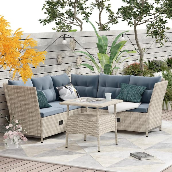 GOSHADOW Natural 4-Piece Wicker Patio Conversation Sectional Seating Set with Gray Cushions, Adjustable Backs, Backyard, Poolside