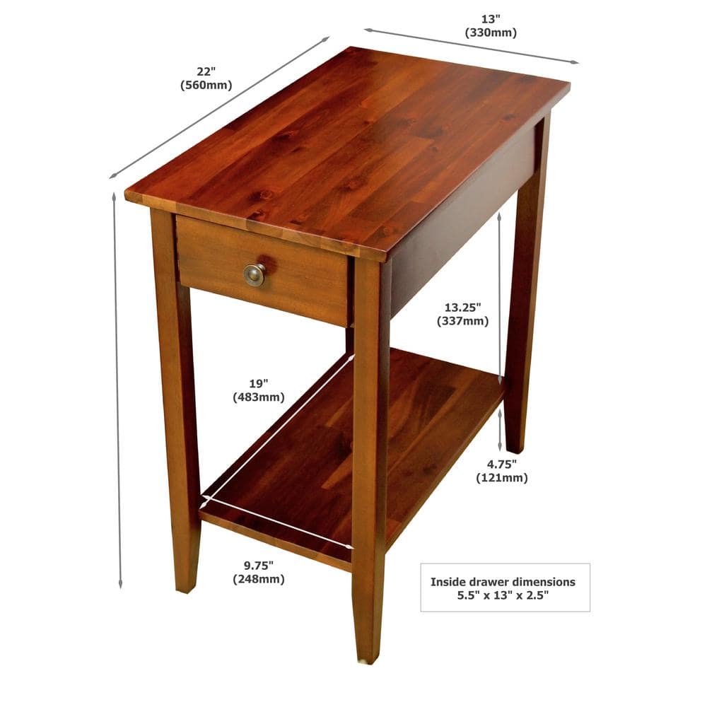 Mahogany Acacia Wood End Table with Drawer and Shelf