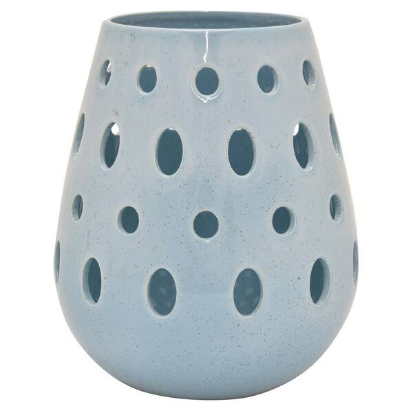 THREE HANDS Blue Ceramic Pierced Vase in Porcelain-Ceramic 9 in. L x 9 in. W x 10 in. H