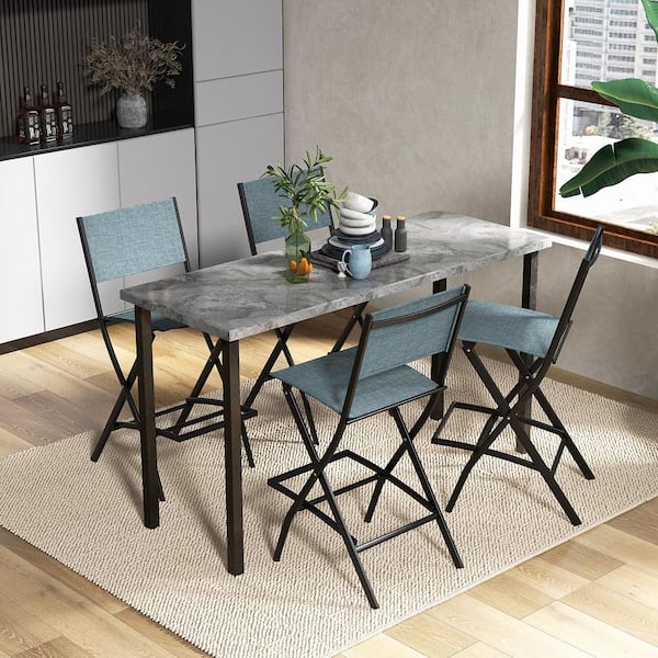 Folding Bar Stools Set of 4 Patio Sling Chairs w/Backrest Humanized Footrest Blue