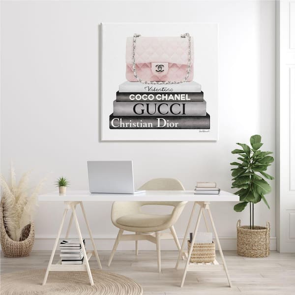 Stupell Industries Pink Quilted Purse on Modern Chic Bookstack by Amanda Greenwood Unframed Abstract Canvas Wall Art Print 36 in x 36 in, Black