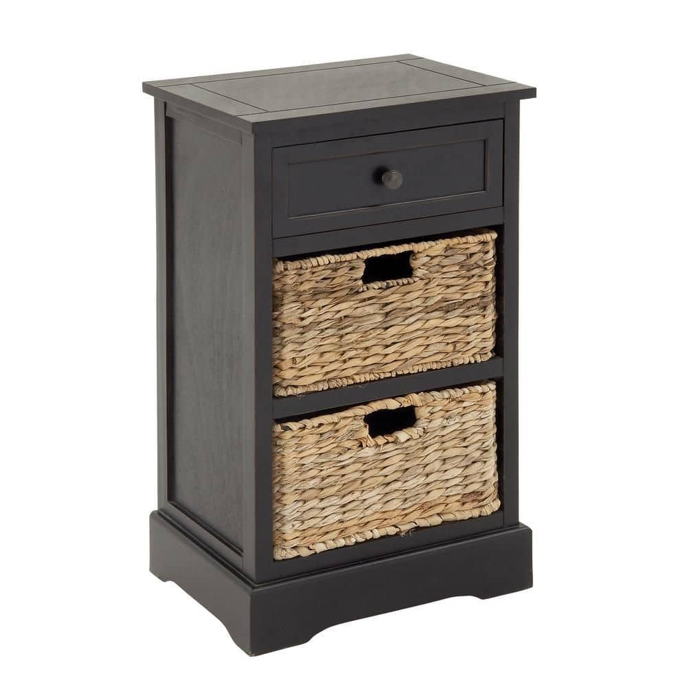 Black wood storage unit with one drawer and two wicker baskets.