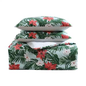 Festive Palms 3-Piece Blue/Red/White Cotton King Comforter Set