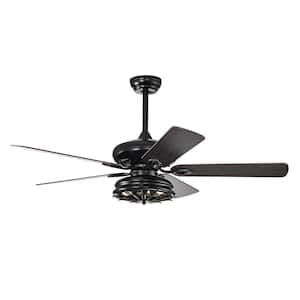 Industrial 52 in. Indoor Black Ceiling Fan with Caged Lampshade, 2-Color-Option Blades and Remote Included