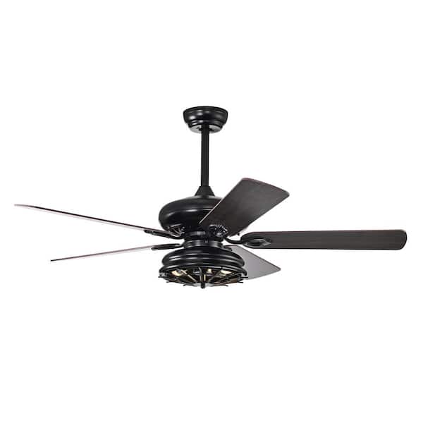 HKMGT Industrial 52 in. Indoor Black Ceiling Fan with Caged Lampshade, 2-Color-Option Blades and Remote Included