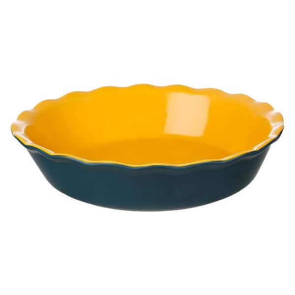 10 Inch Round Ceramic Pie Pan Baking Dish Non-Stick with Wave Edge for Apple Pumpkin Pot Pies Blue Yellow