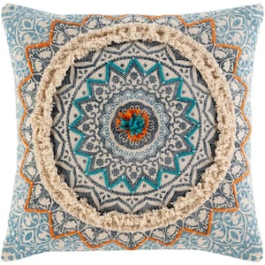 Edie@Home Indoor and Outdoor Light Blue Raffia Geometric Embroidery Lumbar 13 in. x 21 in. Decorative-Pillow