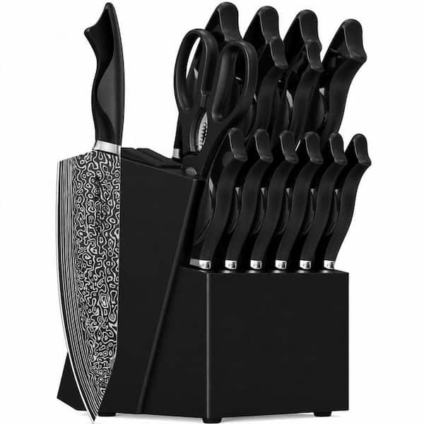 15-Piece German High Carbon Stainless Steel Knife Block Set in Silver with Build-in Knife Shapener, Dishwasher Safe