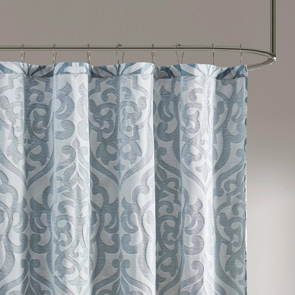 Aqua and Silver Damask Jacquard Fabric Shower Curtain