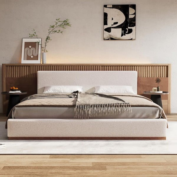 Tafton Elegant Beige White Boucle Fabric Upholstered Solid Wood Frame Queen Size Platform Bed with Headboard