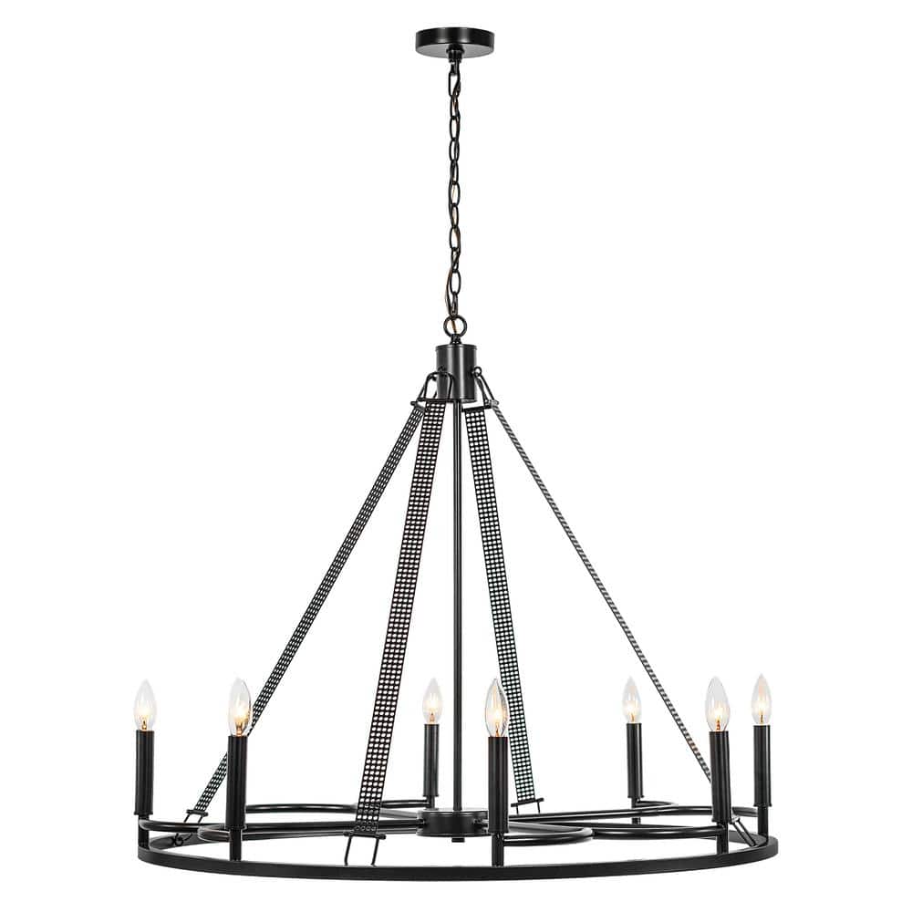 Classic Black Metal 8-Light Wagon Wheel Candle Style Chandelier