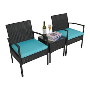 Black Wicker Patio Conversation Set with Blue Cushions and Coffee Table (3-Piece)