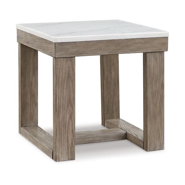 Benjara Aska 24 in. Taupe Gray and Ivory Square Wooden End Table with Block Profile