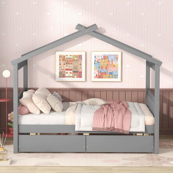 Harper & Bright Designs Gray Full Size Wood House Bed, Kids Bed with 2 Drawers