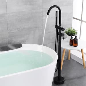 Double Handle Freestanding Floor Mount Tub Faucet Bathtub Filler with Hand Shower in Matte Black