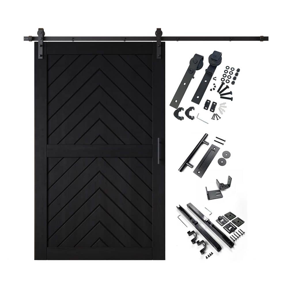 JT1 42 in. x 80 in. C-Panel Black Fishbone Design Solid Pine Wood Sliding Barn Door with Hardware Kit price history on PriceWatchPro