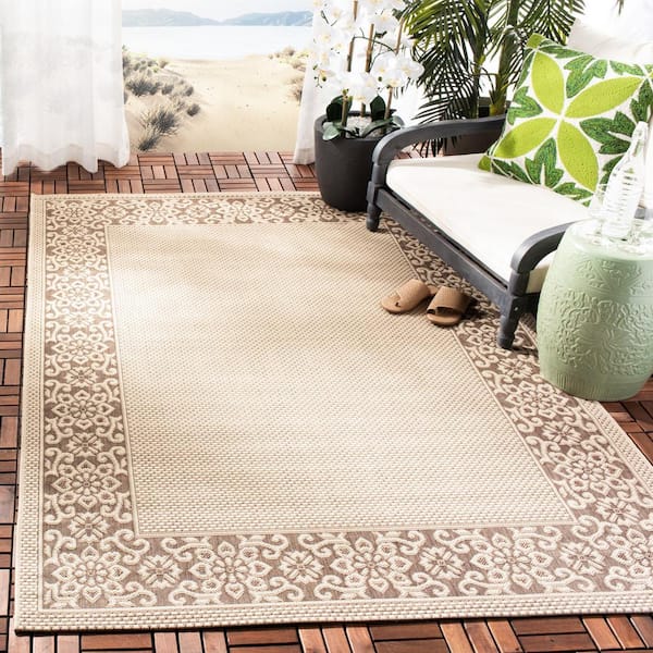 Courtyard Cream/Light Chocolate 7 ft. x 7 ft. Solid Color Floral Border Indoor/Outdoor Square Area Rug