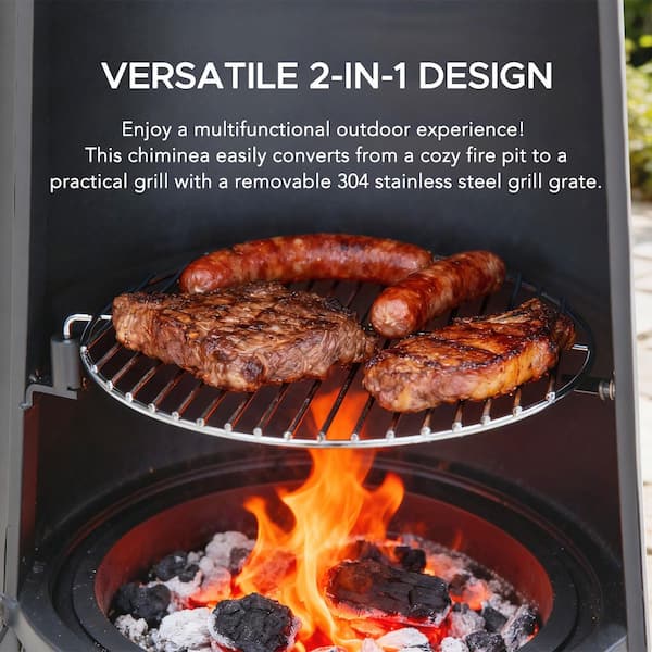 Sunjoy 57 in. 2-in-1 Grey Metal Outdoor Chiminea Fire Pit and