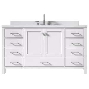 Cambridge 61 in. W x 22 in. D x 36 in. H Vanity in White with Pure White Quartz Top