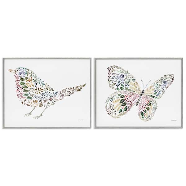 Stupell Industries Bird and Butterfly From Nature by Danhui Nai 2 Pieces Gray Framed Animal Giclee Art Print 24 in. x 30 in.