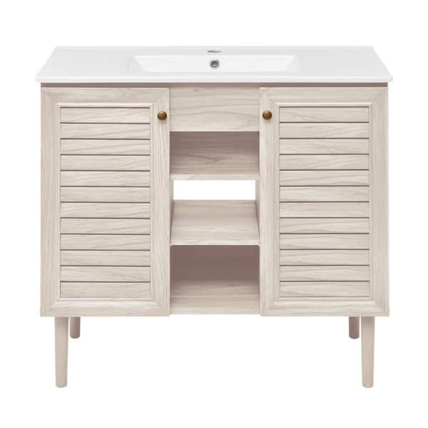 Bron 36 in. Freestanding Bathroom Vanity in White Oak with White Ceramic Sink Top