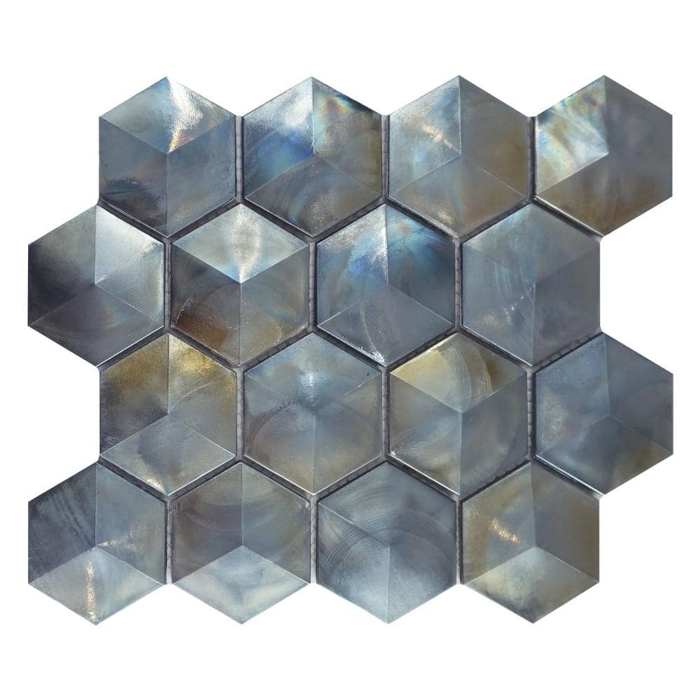Aurora Glossy Gray Glass Hexagonal Mosaic Tile Sheet
