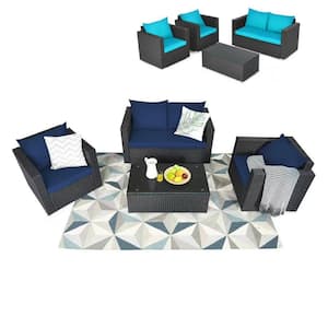 4-Piece Rattan Patio Conversation Set Outdoor Furniture Set with Navy and Turquoise Cushions
