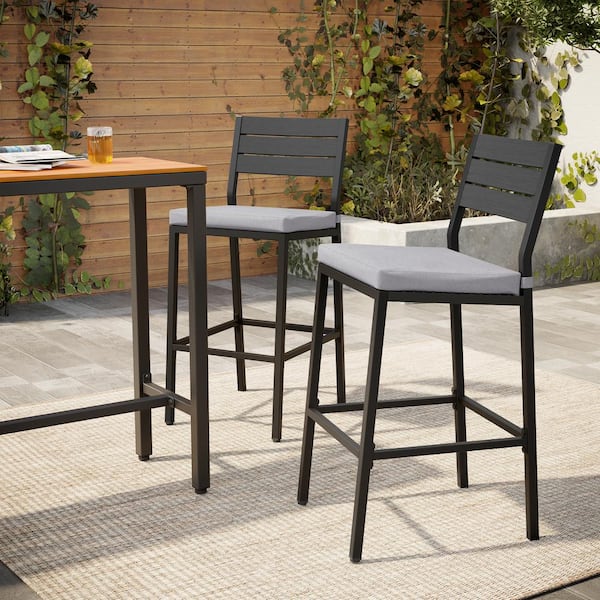 Pellebant Patio Metal Outdoor Bar Stool with Light Gray Cushions (Set of 2)