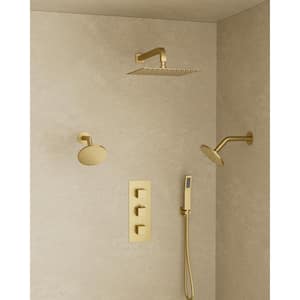 Thermostatic Valve 8-Spray 12 x 6 x 6 in. Wall Mount Dual Shower Head and Handheld Shower 2.5 GPM in Brushed Gold