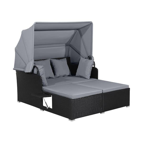 SUNRINX Black Wicker Outdoor Day Bed with Retractable Canopy and Gray ...